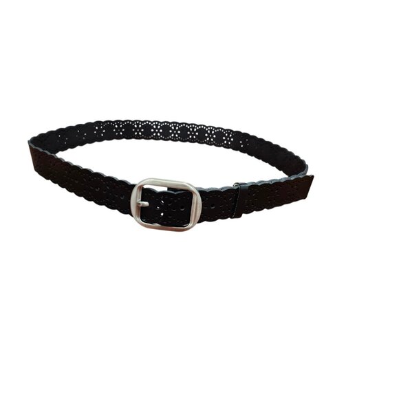 Black Leather Scalloped Cutout Belt Floral Laser Cut Silver Buckle Women Sze48in - Picture 2 of 10